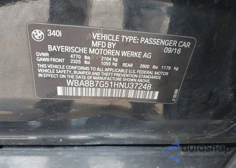 2017 BMW 340I xDrive from USA, damaged, VIN WBA8B7G51HNU37248